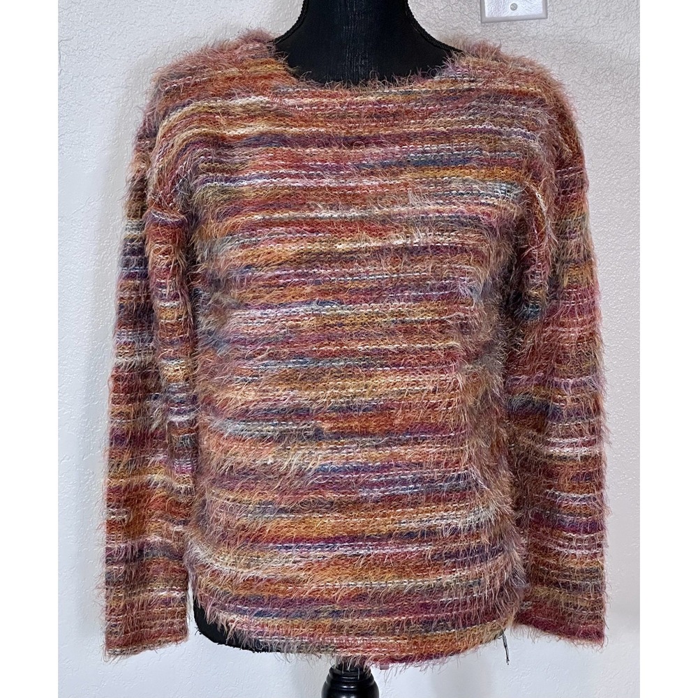Tribal Fuzzy Knit  Sweater Multicolor Striped Pullover LS XS Boho Soft